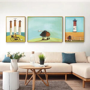 創意北歐客廳裝飾畫治愈幸福一家人三聯畫卡通動漫沙發背景墻掛畫