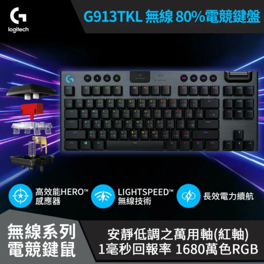 【商品下架】【Logitech 羅技】G913 TKL 無線機械鍵盤【類紅軸】