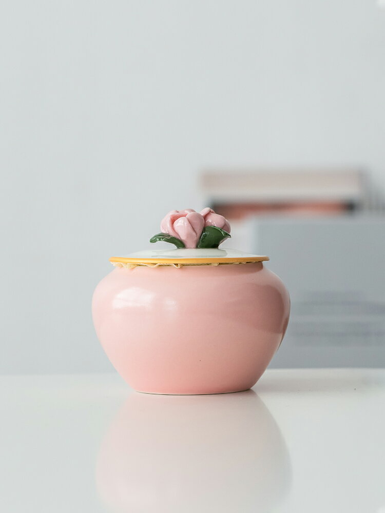 美學好物粉色捏花手工小茶葉罐密封罐可愛創意陶瓷防潮儲物罐個性