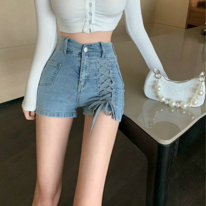彈力綁帶設計感小眾高腰牛仔褲女夏季韓版緊身包臀短褲顯瘦熱褲潮