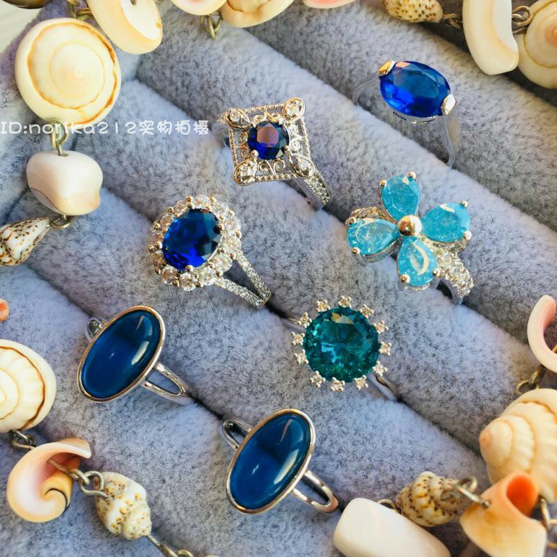 復古限量戒指高級感皇家藍萊茵石宮廷氣質花朵鏤雕彩寶琉璃藍寶石