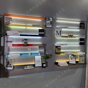 北歐鐵藝LED發光層板上墻裝飾一字帶燈隔板客廳展示壁掛置物書架