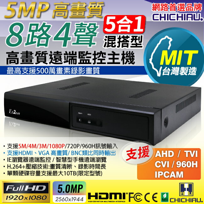 【CHICHIAU】5MP 1080P 8路4聲 五合一混搭型數位遠端網路監控錄影主機