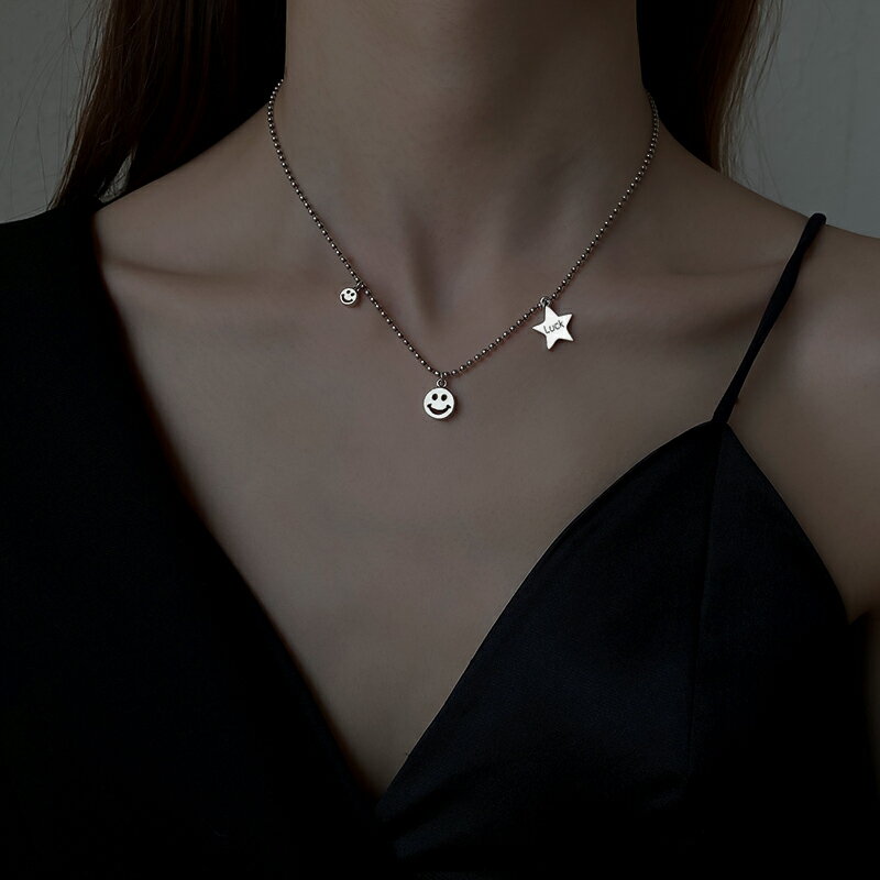純銀笑臉項鏈女夏年新款做舊星星鎖骨鏈復古泰銀嘻哈潮鎖骨鏈 2