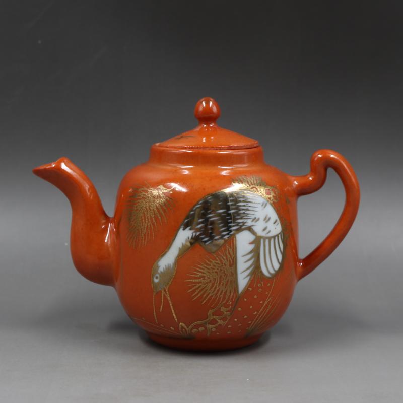 清徐元昌款鞏紅描金松鶴紋茶壺家居瓷器茶具擺件仿古瓷器古董古玩1入