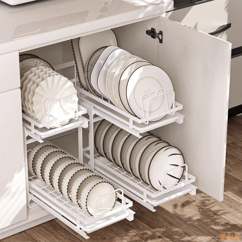 櫥柜抽拉式碗碟置物架廚房抽屜碗盤收納架小型拉籃窄款瀝水碗碟架餐具收納架