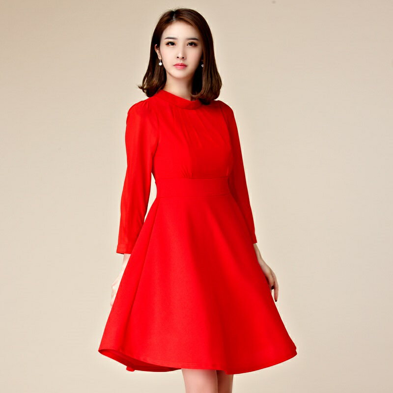 灰姑娘[9758-JK]立領皺褶中長款長袖洋裝~尾牙服飾~ 0