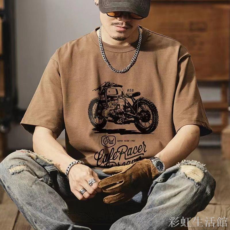 純棉短袖t恤男夏季美式咖啡色休閑圓領男款純棉戶外帥氣時尚體恤