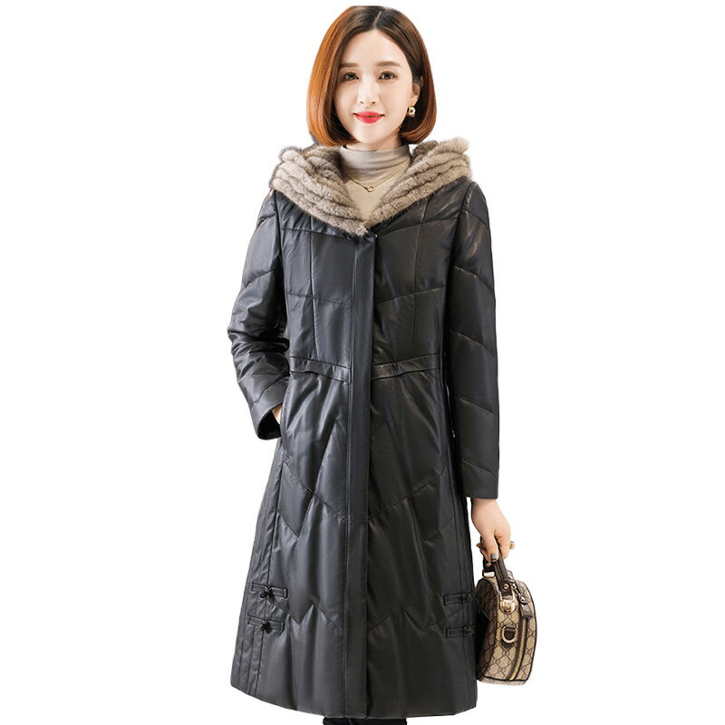 【紐約精品】 現貨+預購 真羊皮水貂毛領白鴨絨羽絨皮衣秋冬外套寬鬆休閒女裝-編織毛領長款女外套n1ml40