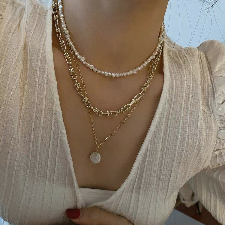 Y法式復古多層疊戴淡水珍珠項鏈韓國氣質百搭頸鏈鎖骨鏈西裝毛衣鏈