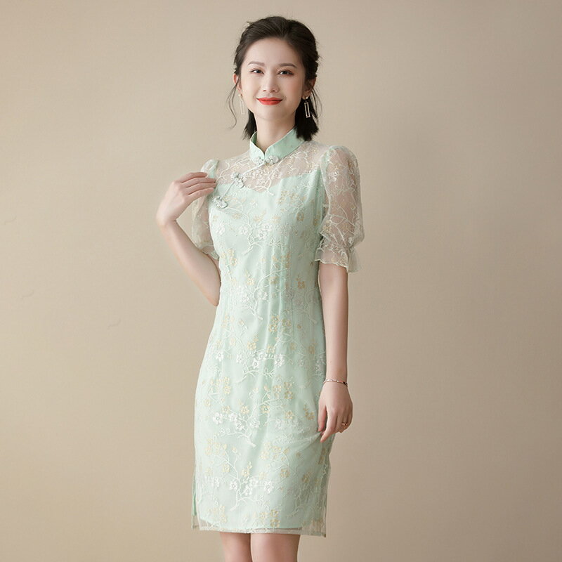 【巴黎精品】連身裙改良式旗袍-繡花蕾絲拼接短袖女裙子2色p1bf50