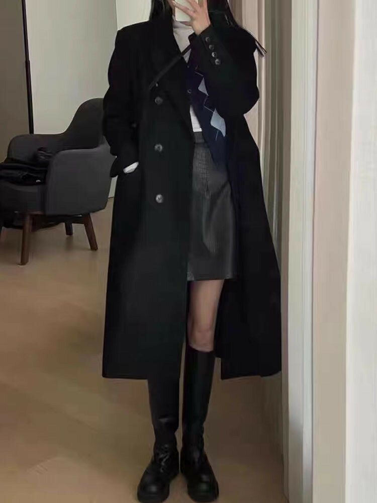 加厚長款黑色呢子大衣女2024秋冬季毛呢外套新款韓系小個子高階感【淘夢屋】