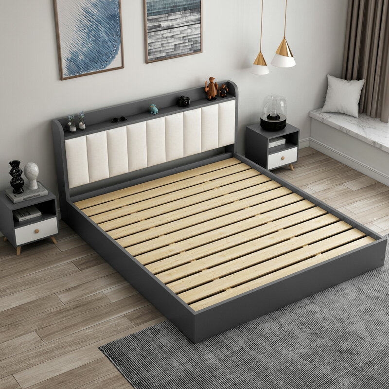 現代簡約臥室實木床1.8米出租房主臥雙人床1.5榻榻米單人床落地床
