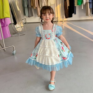 英國NEXT KOKO女童夏款洛麗塔連衣裙兒童可愛藍色短袖花朵公主裙