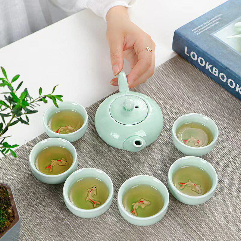 茶具 茶具套裝 創意青瓷魚杯一壺四杯茶壺茶具套裝家用旅行便攜式禮品可印logo