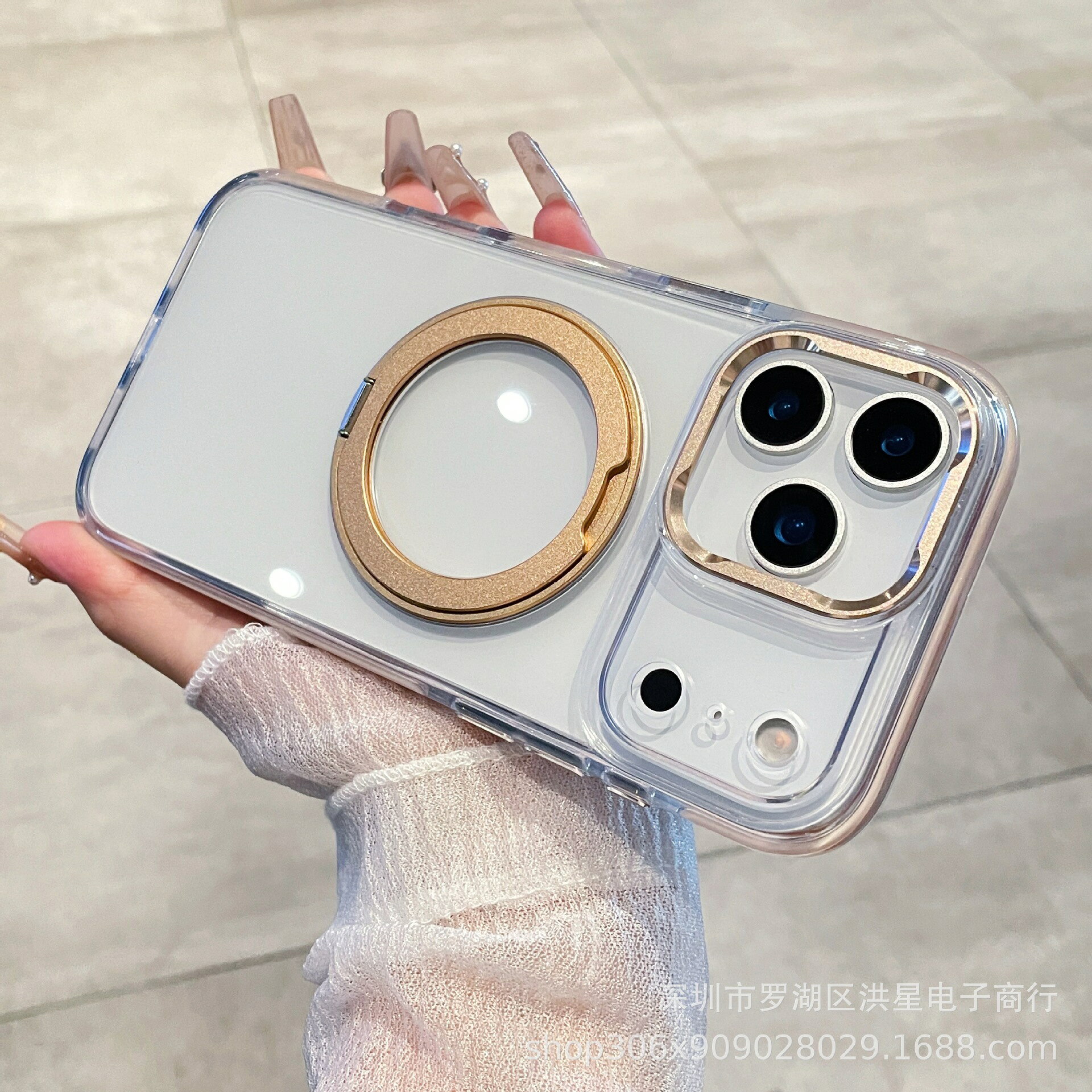 48H出貨 適用iPhone17冰晶旋轉支架手機殼磁吸蘋果16proMax透明大孔防摔套