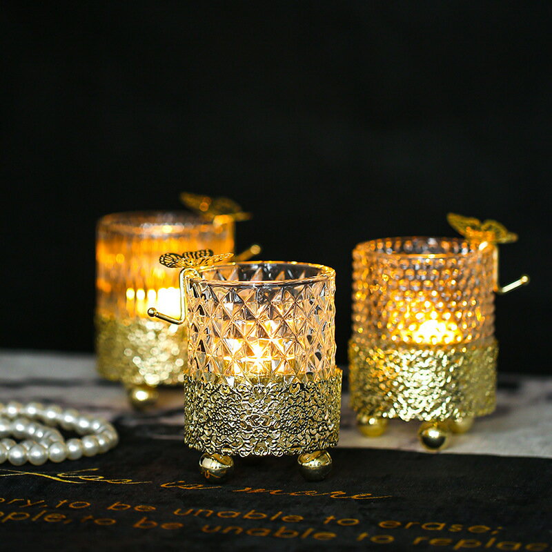 北歐電鍍金色花邊底座玻璃蠟燭臺酒吧民宿客廳樣板間餐桌燭臺擺件