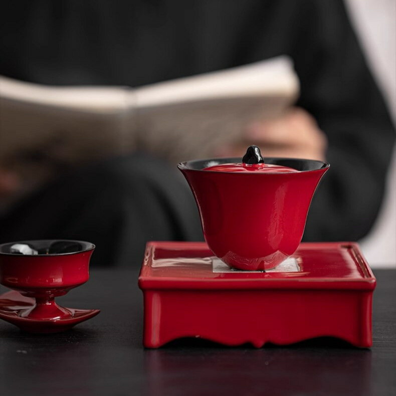 免運/開票 公司貨 陶瓷蓋碗故宮紅文創中式家用泡茶碗單個防燙手抓碗