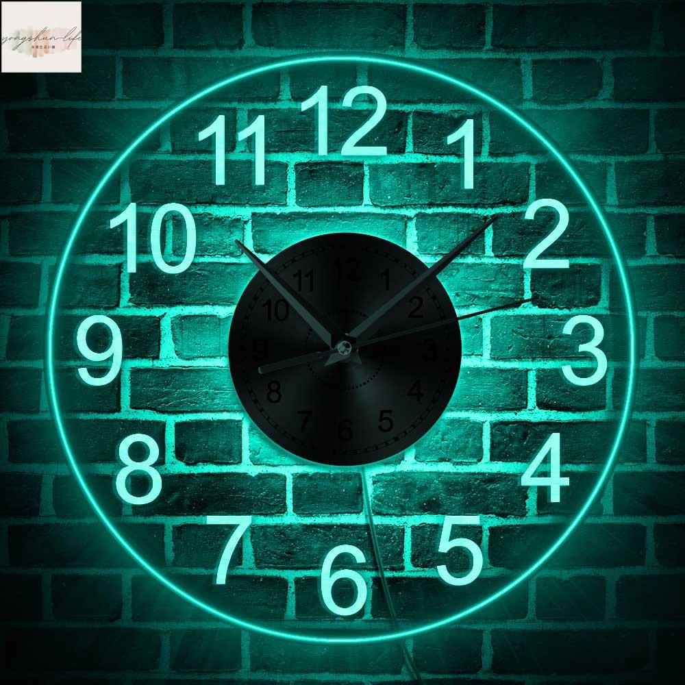 現代創意阿拉伯數字掛鐘12英寸透明亞克力時鐘七色LED掛鐘家居藝術裝飾牆鍾靜音石英鐘錶禮品