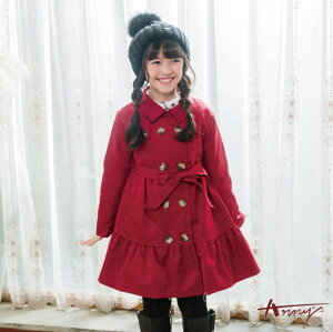 【安妮公主】亮麗時尚傘擺造型秋冬款綁帶風衣外套—紅色