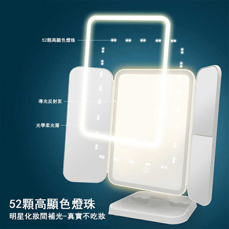 12H 現貨速發 新款家用三開門收納led折疊化妝鏡帶燈 時尚補光鏡 梳妝鏡 美妝鏡子