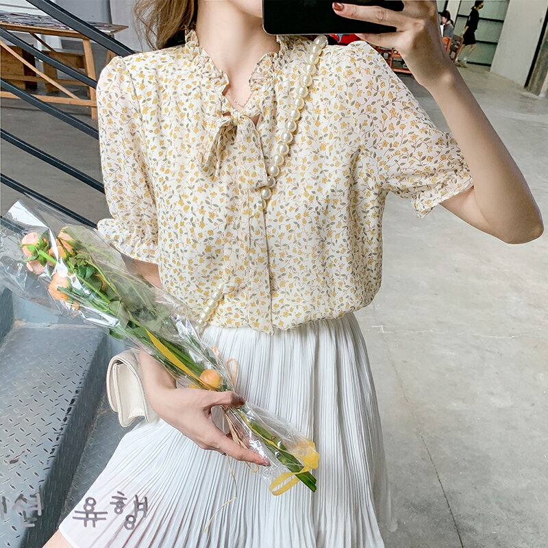 碎花雪紡衫女裝夏裝年新款韓版立領襯衫洋氣遮肚小衫短袖上衣