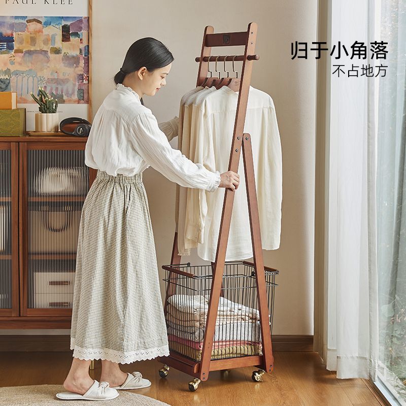 免運 可開票 實木衣帽架加粗可移動掛衣架臥室角落臟衣簍置物架落地小型衣架