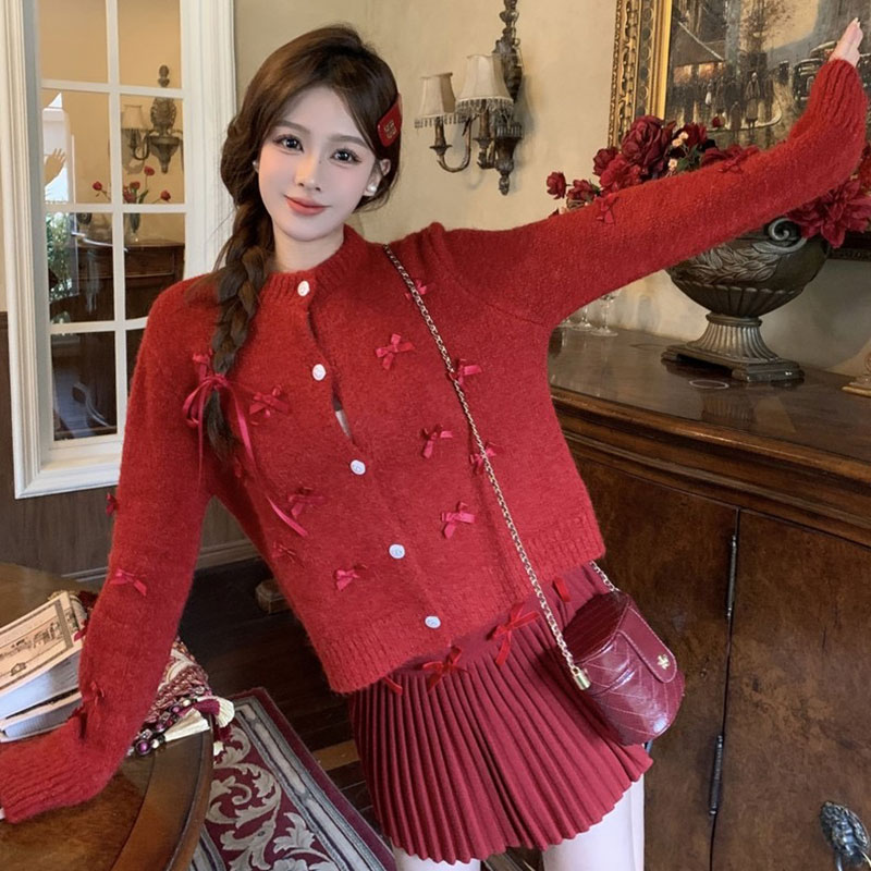ANNAS 滿版蝴蝶結毛衣外套 小香風金屬釦外套 蝴蝶結毛衣 蝴蝶結紅色毛衣 粉色蝴蝶結毛衣 過年紅色穿搭