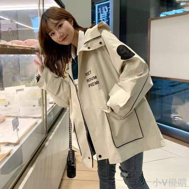 小V 工裝外套女春秋季韓版寬松BF初秋新款潮百搭森系風衣學生胖MM時尚外套 防風外套 女生外套 秋冬外套