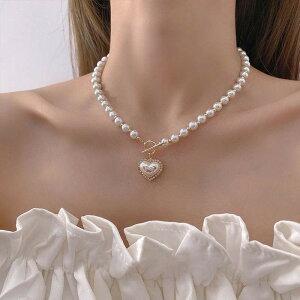 日韓新款超仙氣質仿珍珠愛心項鏈 甜美簡約OT扣鎖骨鏈女