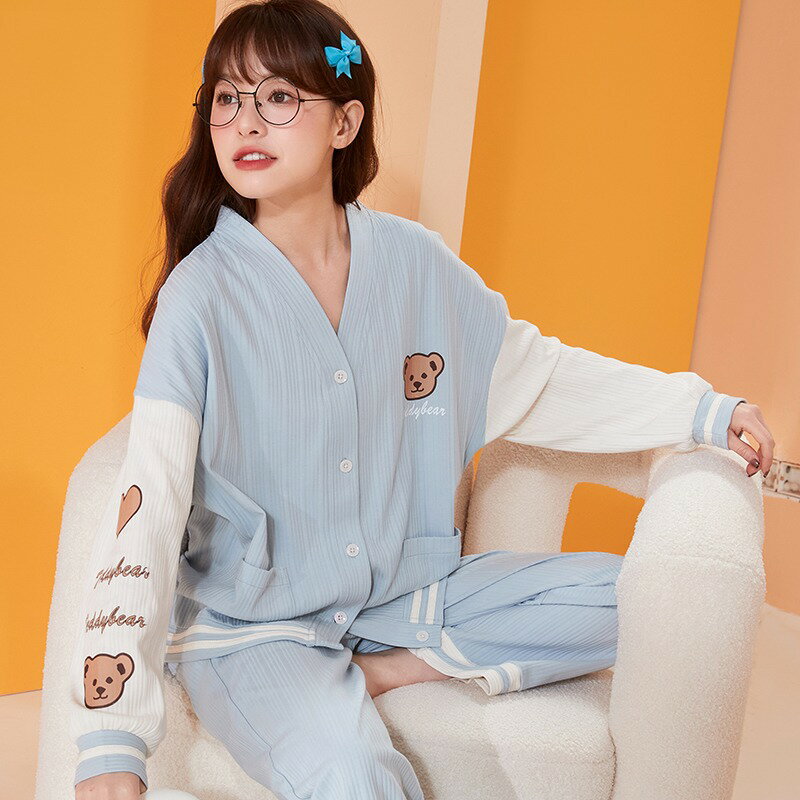 睡衣女士棉質長袖開衫氣質甜美小香風可愛時尚休閑寬松家居服套裝