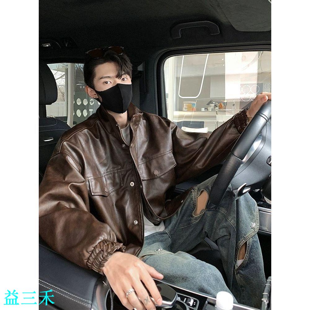 美拉德復古春季字母鋼印pu皮夾克男加肥加大碼立領機車皮衣潮外套-益三禾