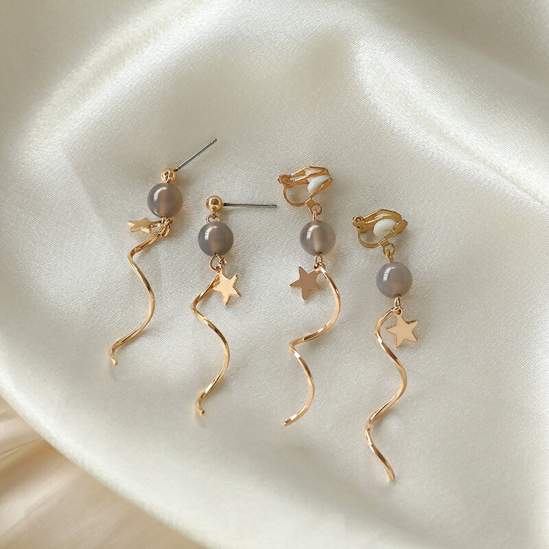高階感線條星星耳環五角星耳夾無耳洞女長款吊墜小眾法式手工耳釘
