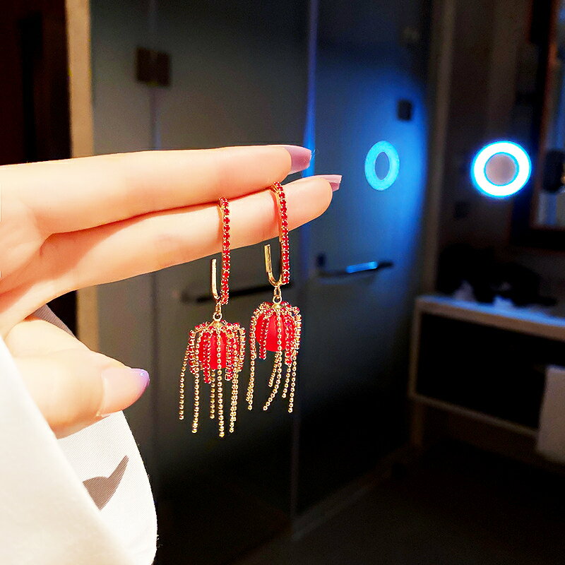 925銀針中國風新年紅色珍珠耳環氣質長款流蘇耳墜網紅個性耳飾女