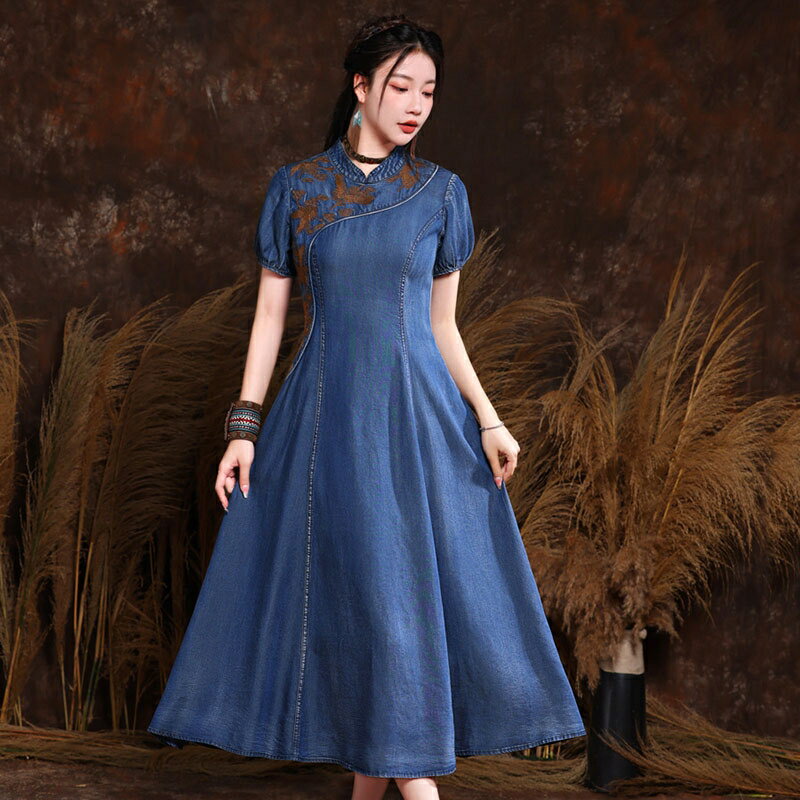 現貨+預購 女新中式旗袍連身裙改良旗袍短袖牛仔長裙A字裙子休閒大尺碼女裝(刺繡復古74ku90)【獨家進口】【米蘭精品】