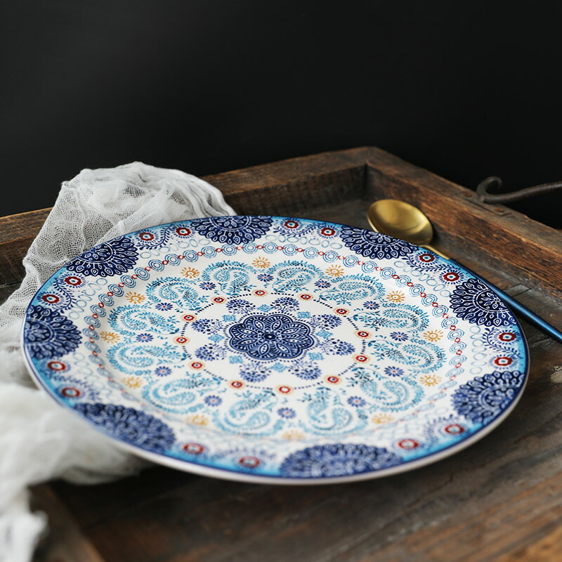 釉下彩陶瓷餐具西餐盤子 11英寸平盤意面盤大盤牛排盤彩繪盤