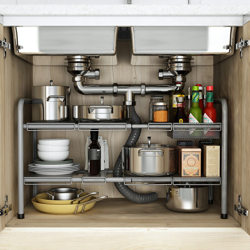 廚房置物架落地分層下水槽架可伸縮鍋架二層櫥柜內隔層分隔收納架