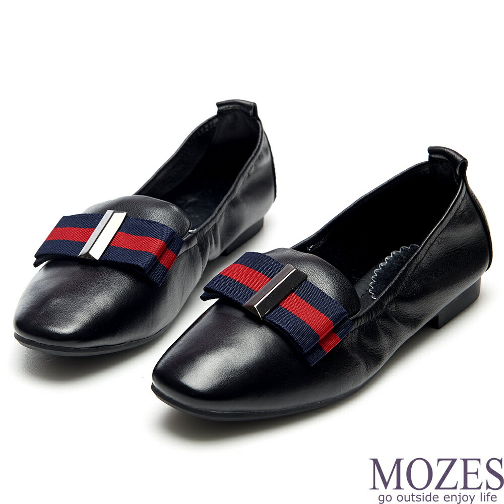 【MOZES】英倫時尚織帶樂福全牛皮平底鞋-黑