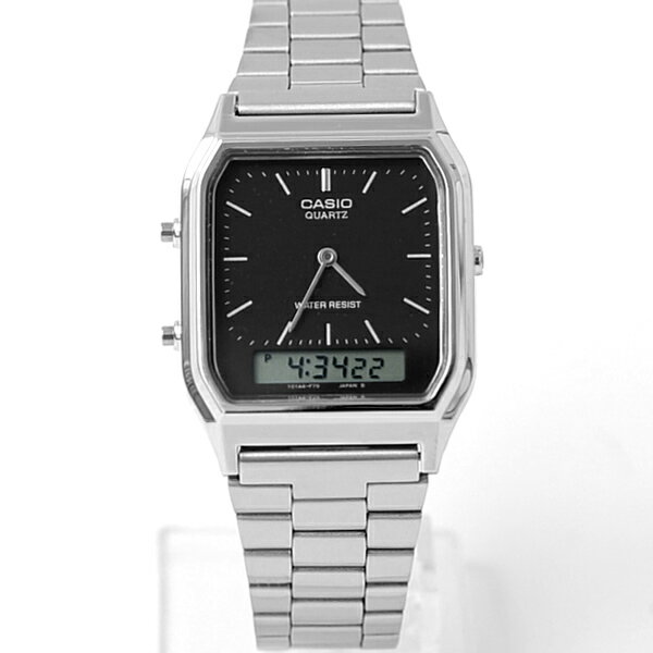 casio卡西歐方型黑面雙顯鋼錶【nec46】柒彩年代