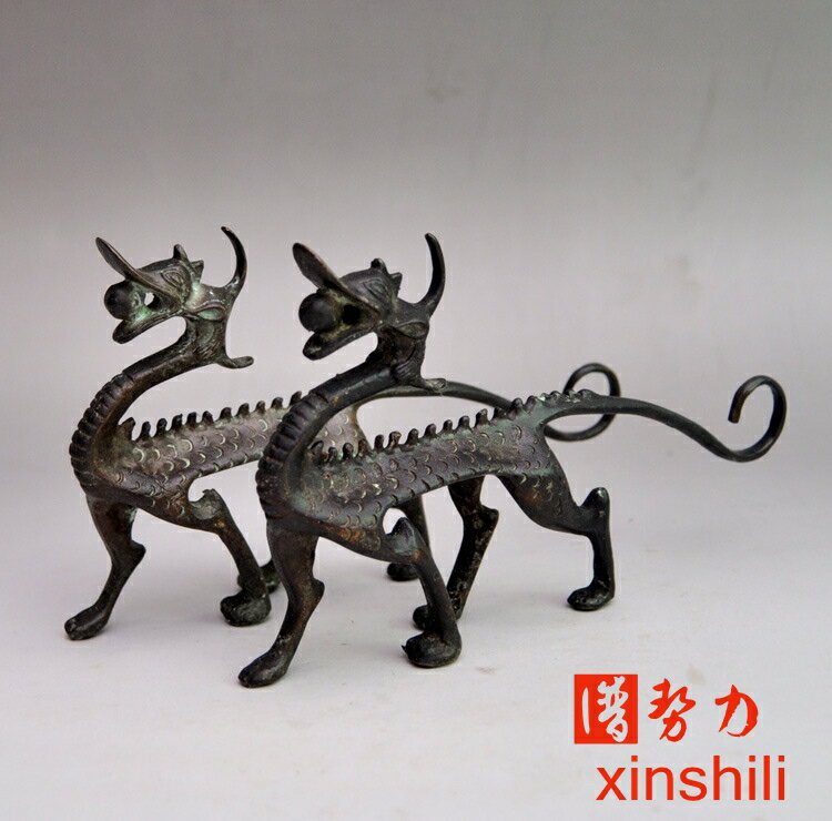 古玩銅器收藏 文房用品 銅筆架筆擱 純手工擺件 單龍筆架