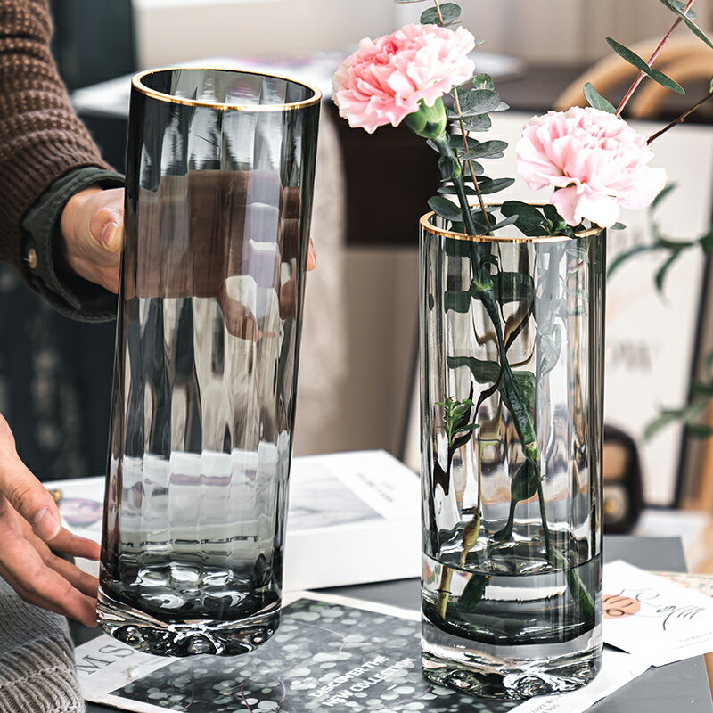 北歐簡約創意輕奢透明花瓶水養富貴竹百合玻璃插花瓶客廳餐桌擺件」