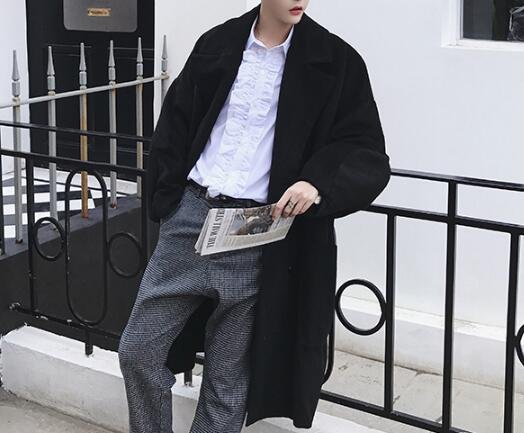 FINDSENSE Z1 韓國 時尚 潮 男 翻領 雙排扣 寬鬆燈籠袖 毛呢外套 長大衣