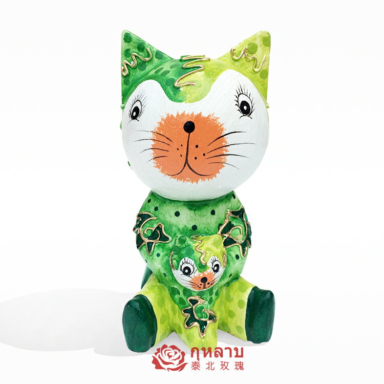 泰國工藝品 手工木雕彩繪小貓卡通動物 家居裝飾創意時尚桌面擺件1入