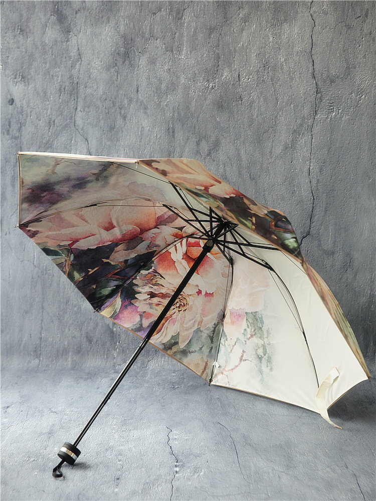 百盛洋傘太陽夏季雙層黑膠傘三折疊復古雙面印花防紫外線遮陽傘