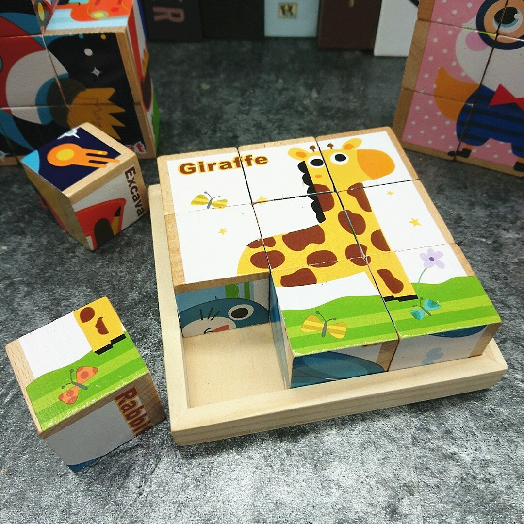 兒童早教益智3D立體積木拼圖玩具9粒櫸木六面畫1-2-3歲男寶寶女孩