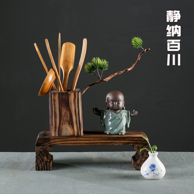 創意小和尚六君子 禪意風化木個性茶夾茶勺茶具茶道配件茶盤擺件1入