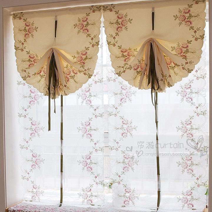 嫣然 美式歐式高檔刺繡升降氣球提拉簾 扇形羅馬窗簾 飄窗陽台窗紗 (83*145cm)