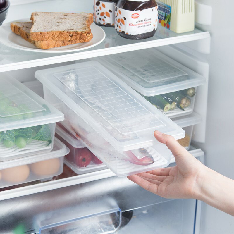 廚房冰箱收納盒瀝水保鮮盒子塑料帶蓋長方形裝魚海鮮冷凍冷藏