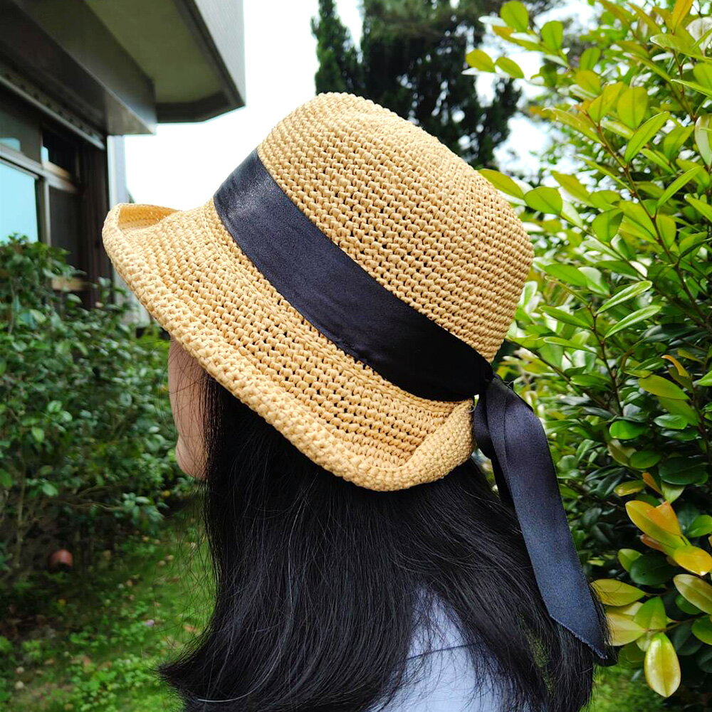Miranda Handmadex覓品竹北手作店-手工拉菲草編織帽-黑色緞帶蝴蝶結