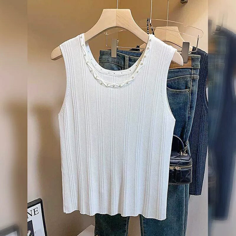 現貨+預購 針織背心無袖T恤-冰絲釘珠圓領寬鬆女上衣2色74kx21【獨家進口】【米蘭精品】